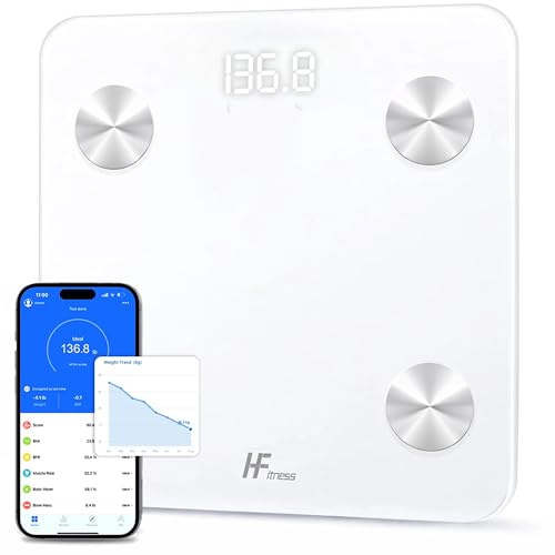 HomeFashion HFitness Báscula de Baño Inteligente con 19 Mediciones Corporales, Báscula Digital de Grasa Corporal Bluetooth con App, IMC, Peso, Masa Muscular y Masa Ósea blanca