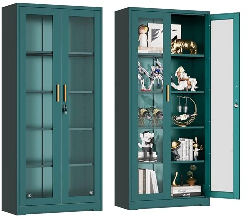 UNICOLY Lockable Display Cabinet with Glass Doors, Curio Cabinets with 4 Adjustable Shelves, Liquor Bookcase Bookshelf with Doors, Metal Storage Cabinet for Living Room Pantry, Green