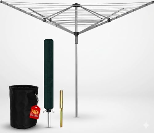 Heavy Duty Rotary Washing Line Outdoor, 4 Arm 50M Washing Line Rotary with Peg Bag, Metal Ground Spike, and Cover Included, Clothes Lines for Outside, Whirlygig Clothes Airer Outdoor (50 Meter)