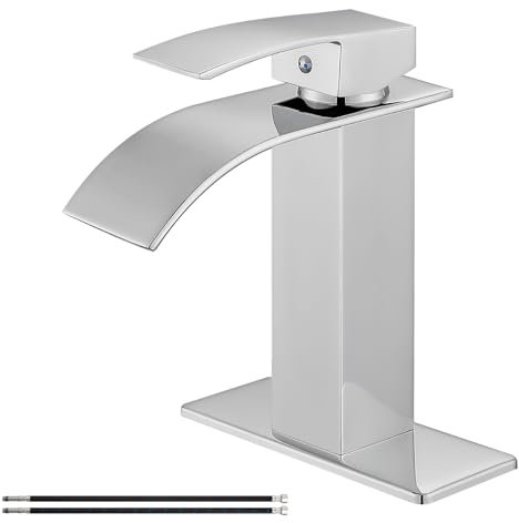 Airuida Rubinetto a cascata con manico singolo per lavabo da bagno, foro singolo, per camper, vanità, vasca, lavabo con piastra di copertura, tubi di alimentazione a 1 foro o 3 fori, finitura cromata