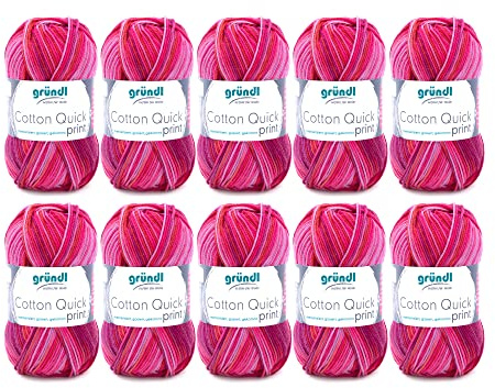 Gründl Cotton Quick Print stickgarn/virkgarn (färgglatt garn tillverkat av 100% bomull, OEKO-TEX certifierad, 50 g/125 m, nåltjocklek: 3 – 4, 10 x 50 g), fuchsia-röd-multicolor