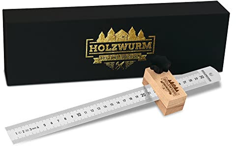 HOLZWURM Streichmaß mit INOX Lineal aus Metall, 300mm Anschlaglineal, stabiles Anreisswerkzeug mit Anschlag aus Holz