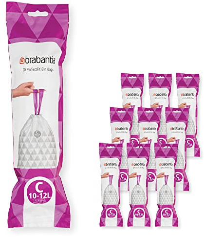 Brabantia Bolsas de basura PerfectFit multipack (código C/10-12L), ultrarresistentes, asas deslizantes, 10 rollos, blancas, 200 sacs