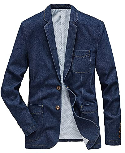 Kedera Mens Classic Notched Collar 2 Button Washed Denim Blazer Jeans Suit Jacket