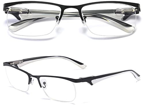 MAGIMODAC Lesebrille Blaulichtfilter Halbrahmen Lesebrillen Rechteckige Lesehilfe Federscharnier Metall Sehhilfe mit PU Leder Etui für Herren Damen (Weiß, 2.50)