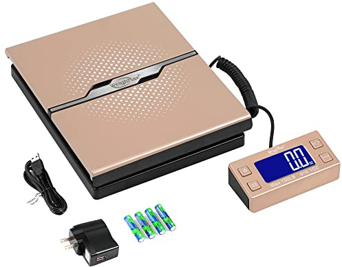 Weighmax W-8809 150 lbs x0.1oz Digital Shipping and Postal Scale with Extended Display, Gold, Battery and Ac Adapter Included