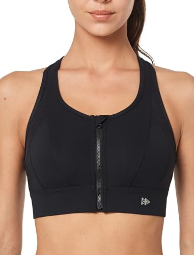 Yvette Soutien Gorge de Sport Femme Zipper Avant Dos Nageur Maintien Fort Brassière Fitness sans Armature pour Gros Seins Course Jogging,Noir,L Grande Taille