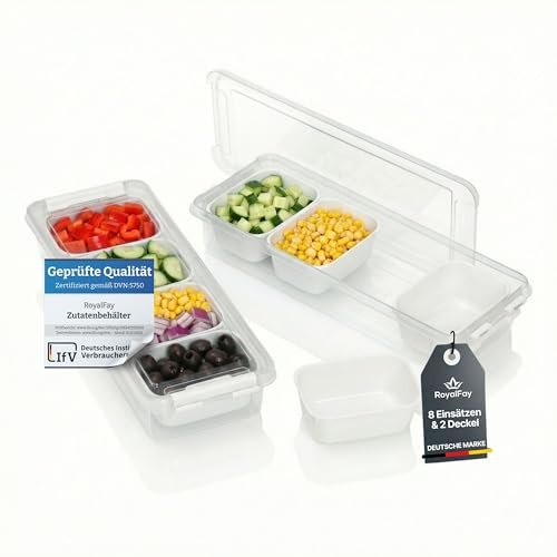 RoyalFay® Zutatenbehälter Napoli 2er Set – stapelbare Aufbewahrungsbox mit 8 Einsätzen & 2 Deckeln – lebensmittelechte Kühlschrank-Organizer für Pizzabeläge & Meal Prep – weiß