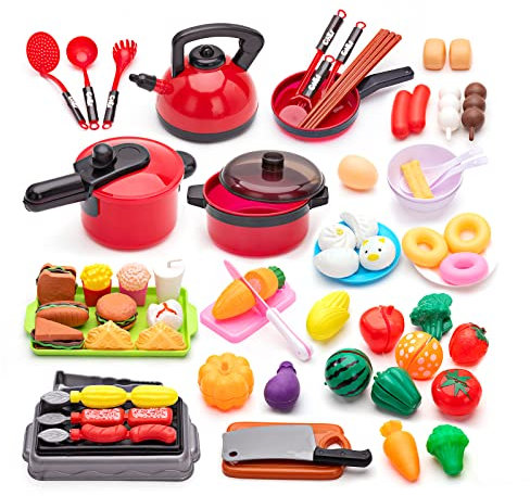 Giocattoli da Cucina per Bambini, 73 Pezzi Pentole Giocattolo con Set di Pentole e Padelle, Taglio Cibo Verdura Accessori Gioco di Ruolo Piccolo Cuoco per 3 4 5 6 Anni Bambina
