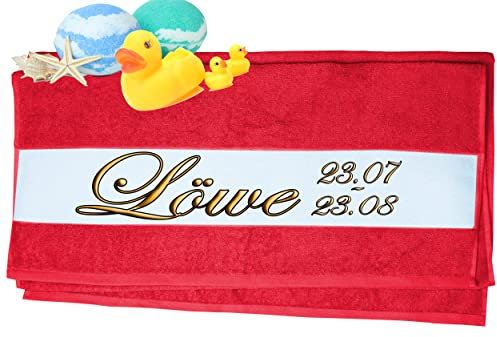 Print Deluxe Handtuch mit Sternzeichen personalisiert Bedruckt| Duschtuch, Badetuch, Saunatuch, Sporthandtuch| Frottiertücher |Geburtstag persönliches Geschenk Idee | Größe:70x140cm (Löwe, Rot)