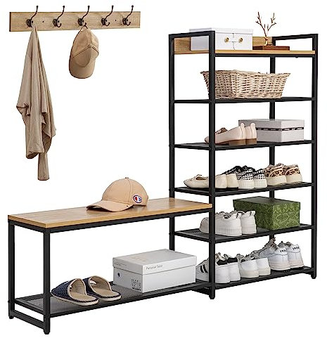 SUNTAGE 6-Tier Coat Rack Shoe Bench Set, Entryway Bench with 6 Hooks Coat Rack, Hall Tree and Shoe Storage for Entryway, Hallway, Garage, Bedroom (Vintage Oak)