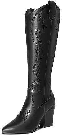 DREAM PAIRS Cowboy boots Cowgirl Western Boots Women Fashion knee high boots Block Heel,Size 6,Black,SDKB2302W