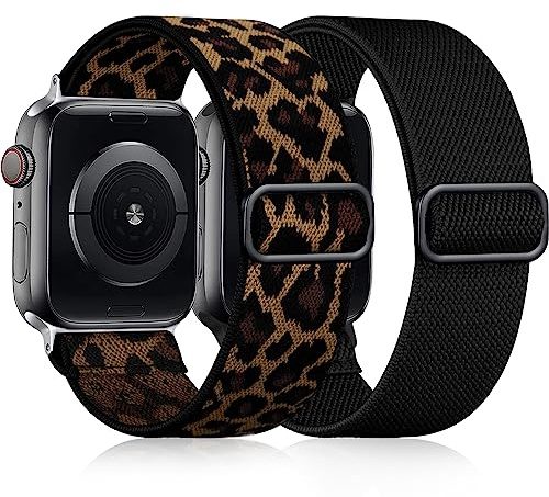 Easuny Elastique Bracelet Compatible avec Bracelet Apple Watch 42mm 44mm 45mm 46mm 49mm, Ajustable Souple Nylon Band pour iWatch Series 11 10 9 8 7 6 5 4 3 2 1 SE Ultra Femmes Hommes, Noir/Léopard