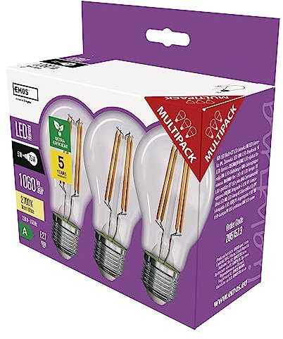 EMOS - LED-Lampe Filament A60 - A Klasse Vintage-Glühbirne - E27 Sockel - warmweiß - 1060 lm - extra-sparsam, 5W (statt 75W Birne) - 50000 Stunden - Winkel 300° - CRI min. 80-3er Pack