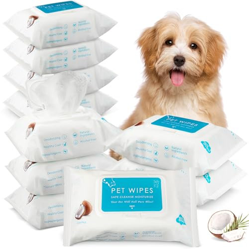Treela 10 Packungen mit 800 Hunde-Tüchern, Haustiertücher, Katzenpflege-Zubehör für Pfoten, Po, Ohr, Haut, Augen, Körperreinigung, Badeflecken-Geruchsentferner, Zuhause oder auf Reisen (Kokosnuss)