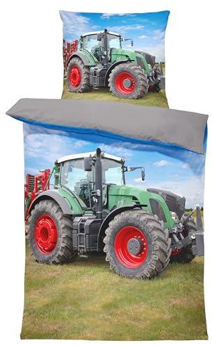 Bettwäsche 135x200 cm Mikrofaser Bettbezug Kinderbettwäsche Fotodruck modern weich und kuschelig knitterfrei für Sommer und Winter geeignet, Farbe:Traktor Trecker grau, Größe:2 teilig 135x200 cm