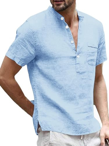 Runcati Men's Linen Shirt Henley Shirt Men's Short Sleeve Casual Shirt Summer Shirt Business Shirts for Men, blue, XL