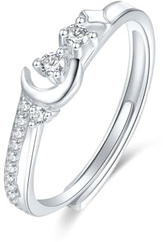 SILBERTALE Anillo ajustable de plata de ley 925, luna y estrella, piedra lunar brilla en la noche, anillos de amistad para mujeres, tamaño 53-60 mm