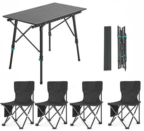 Klappbarer Campingtisch und Stühle, höhenverstellbarer Klapptisch mit aufrollbarer Tischplatte, tragbares, leichtes Picknicktisch-Stuhl-Set für Partys im Freien, am Strand, im Hinterhof