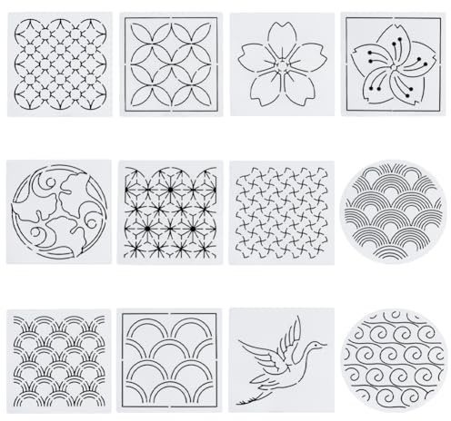 FREEBLOSS 12Pcs 5.5 * 5.5inch Plastic Sashiko Stencils Drawing Stencils Embroidery Patterns 12 Different Japanese Style Patterns Embroidery Templates for Hand Quilting
