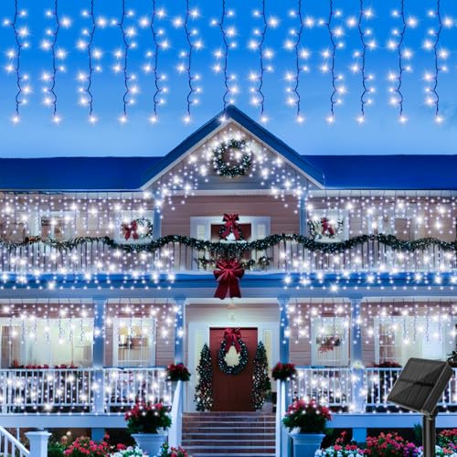 Gcstnn Solar Icicle Fairy Lights Outdoor, 4Mx1M 200 LEDs Solar Fence Curtain String Lights Green Wire, 8 Modes IP65 Waterproof, for Garden Patio Gazebo Fence Window Christmas Decoration-Cool White