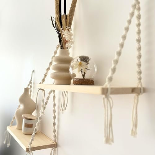 Mekase Lot de 2 Étagères Murales Suspendues en Bois avec Corde Macramé – Déco/Décoration Murale Bohème Cocooning pour Plantes, Chambre, Salon, Salle de Bain, sans Perçage, Style Boho Scandinave