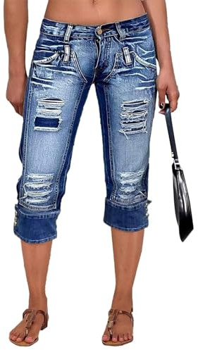 Flamingals Capri-Jeans für Damen, Stretch, Po, Lifting, niedrige Taille, Skinny Capri-Denim-Hose, Marineblau, M