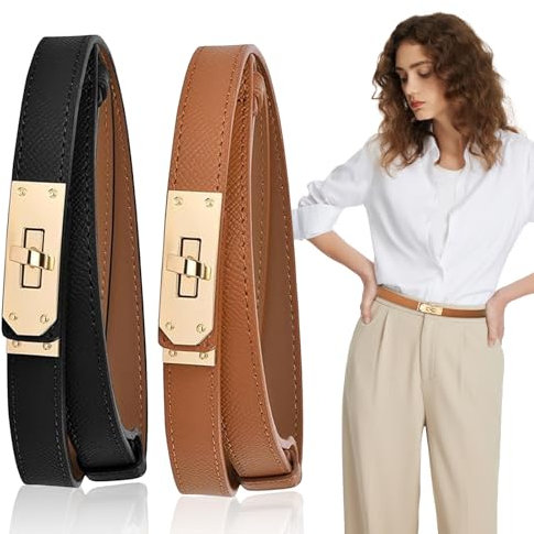Dfuqanb 2 Stück Frauen Skinny Ledergürtel, Verstellbare Skinny Ledergürtel, Schmaler Taillengürtel für Damen, Verstellbarer Dünner Gürtel, für Kleider, Jeans, Hosen, Jacken