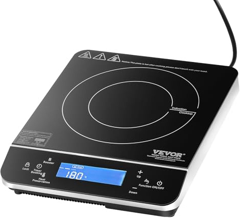 VEVOR Placa de Inducción Portátil, Quemador de Inducción Eléctrico de 2200 W con 9 Configuraciones de Temperatura, con Temporizador de 4 Horas, Reserva de 24 Horas, para Cocinar, 290 x 355 x 65 mm