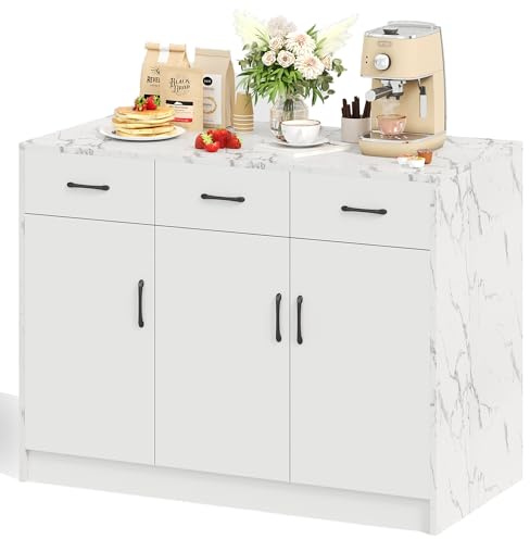 Isla de cocina 120 x 60 x 90,5 cm, 3 cajones y 3 puertas, buffets, diseño de mármol blanco, estantes ajustables, cajones silenciosos, diseño de área de bar - Zona de cocina elegante y práctica