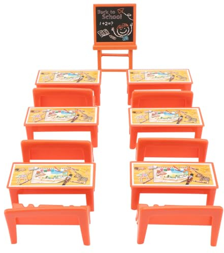Housoutil Mini Classroon Furniture Set, Miniature School Table and School Chair Set, Dollhouse Desk Chair for Dollhouse Education Learning Toy Pretend Playset