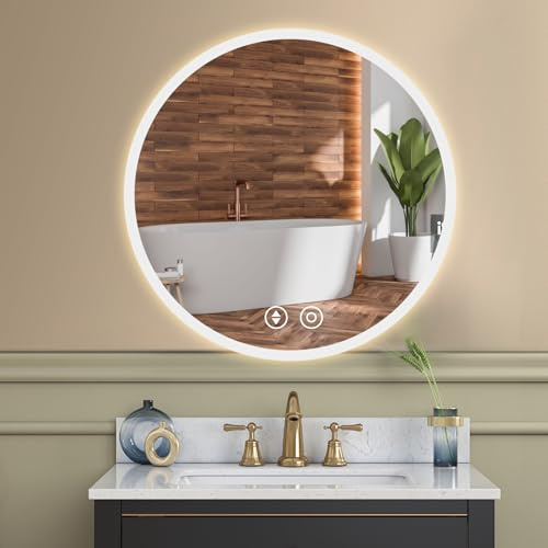 YOLEO LED Bathroom Mirror with Led Lights Wall Mounted Light Up Demister Round Vanity Makeup Mirrors Illuminated Anti Fog Circle Toilet Shower Mirror (50L x 50W cm)