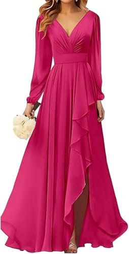 WSEYU Vestidos largos de gasa para dama de honor para boda con volantes, vestido formal para fiesta de graduación, sin espalda, talla grande, fucsia, 50 Grande