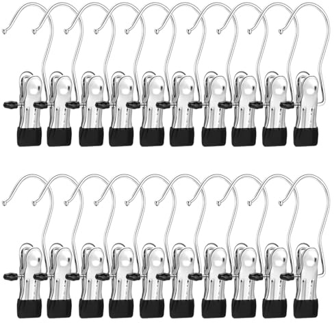 DIYCUT 20 Pièces Pince a Linge INOX de Suspension de Bottes, Noir | Pinces à Linge avec Crochets, Cintre Pince avec Crochet Rotatives à 360° en Métal, pour Chaussettes, Chaussures et Chapeaux