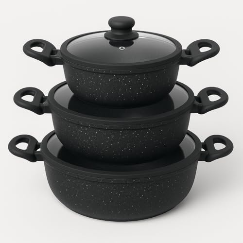 Tris Tegami Bavaria: Set di 3 Padelle + 3 Coperchi Pietra Lavica Antiaderenti, 20-24-28cm, Adatte a Gas e Induzione, Nero