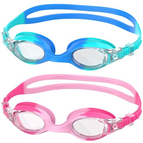 Ambienden 2 st barn simglasögon, anti-dimma med klar syn, UV-skydd, silikontätning, liten ram unisex simglasögon för barn från 6 till 14 år, Gradient Blue + Rosa