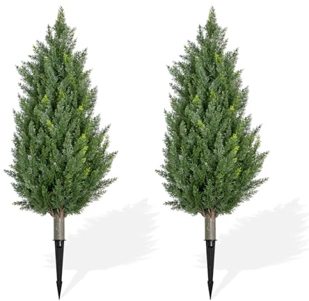 Set di 2 alberi di cedro artificiale con picchetto da 90 cm, set di 2 cipressi, arbusti finti resistenti ai raggi UV, per decorazione interna del soggiorno e portico anteriore, graden, cortile, patio