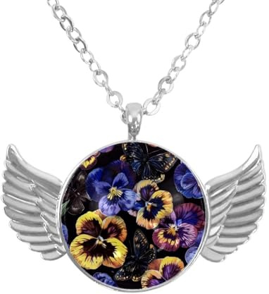 Luoweisi Angel Wings Necklace with Pansies Butterflies, Aluminum Alloy Jewelry Gifts for Men Women