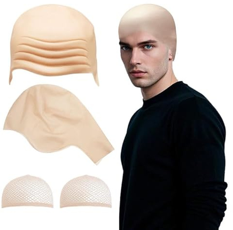 SAIIURV 4 Pcs Latex Bald Cap, Halloween Wig Cap, Makeup Bald Head Wig Cap, Thick Skin Head Skull Wigs, Smooth and Tasteless, Fancy Dress Cosplay Hat Costume Accessory for Halloween Kids Adults (Nude)