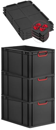 PROREGAL SuperSparSet 3x Eurobox NextGen Color mit Auflagedeckel & Schiebeschnappverschlüsse, HxBxT 32x40x60cm, 65L, Schwarz, Griffe rot geschlossen,Eurobehälter, Transportbox, Transportbehälter