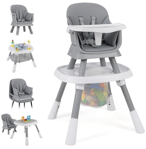 LIFEZEAL Trona para Bebé, Trona Convertible con Arnés de Seguridad, Bandeja Extraíble y Cesta de Almacenaje, Silla de Comedor para Niños desde 6 Meses (Gris)