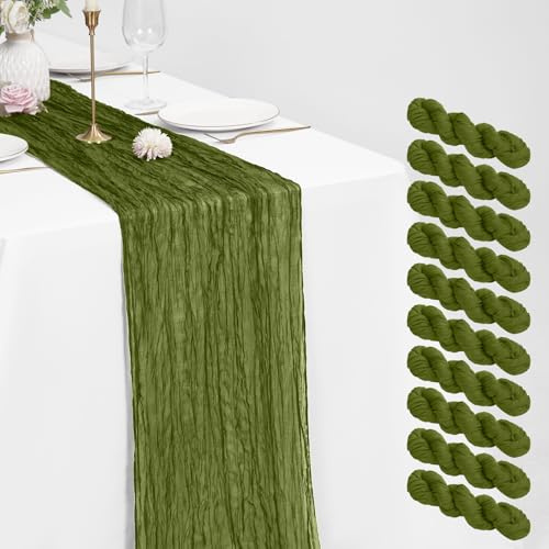 10 Stück Olivengrün Käsetuch Tischläufer 55 x 300 cm rustikaler Gaze Stoff Tischläufer Romantisch Hochzeits Seihtuch Tischläufer für Hochzeiten, Festivals, Jubiläum, Abendessen, Outdoor-Partys