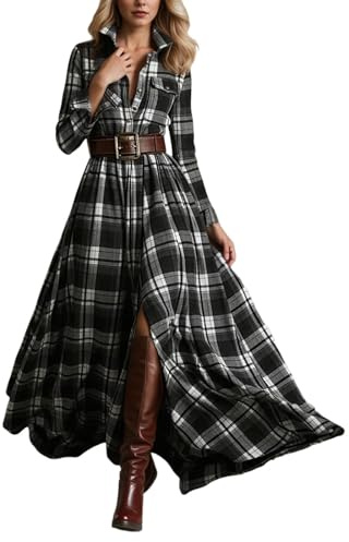WAZHAKU Vestidos para mujer vintage estilo rústico vestido largo bohemio vestido maxi casual vestido a cuadros vestido de manga larga vestido camisero con botones falda envolvente falda de invierno