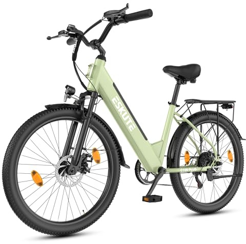 ESKUTE 26 Zoll E-Bike für Erwachsene, 7-Gang Elektrofahrrad mit abnehmbarem 36V 13Ah Akku, 25 km/h, 50–100 km Reichweite, Elektro Citybike für Pendler, IP65 wasserdicht, Grün