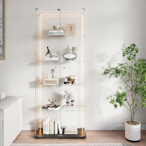 ZHDOKA Vitrines 5 områden med LED, 78,5 x 34,5 x 186,5 cm Vitrin sur Pied med 2 dörrar och lås, Armoirs de Verres, små virus i salong, insamling för samlingar, svart