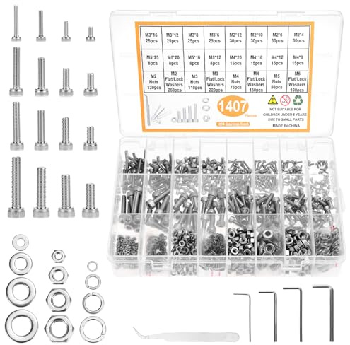 QWORK® 1407 pièces vis à tête cylindrique acier inoxydable 304 M2/M3/M4/M5 avec clé Allen & accessoires, pour produits électroniques et réparation automobile