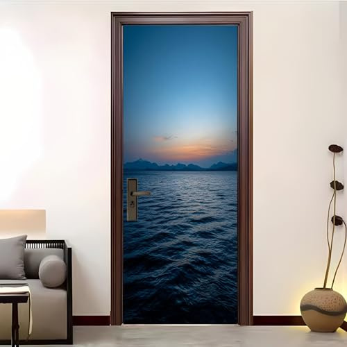 Adesivi per Porte Interne 3D 80x210 cm TramontoVista Lago PVC Impermeabile Rivestimenti per Porte da Interno Blu Deco Wall Murale Autoadesivo Rimovibile Creative Arte Sticker