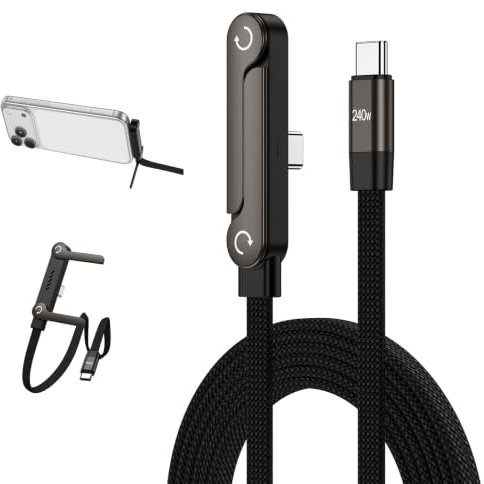 240W USB C to USB C Cable 5FT Invisible Holder Fast Charging Cable 90° Right Angle USBC Cord with Built-in Phone Stand T-Shaped Flat Data Cable for Samsung Galaxy S26 Ultra S25 FE S24 Plus,iPhone 17e
