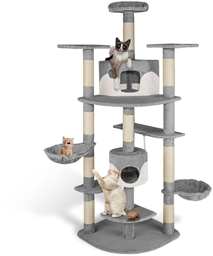 tectake® Tiragraffi per Gatti, Albero con 2 Casette, 4 Piattaforme, Tiragraffi con Amaca per Gatti, Albero con Conche Orientabili e Cordicella per Gioco - 201 cm - Grigio/Bianco