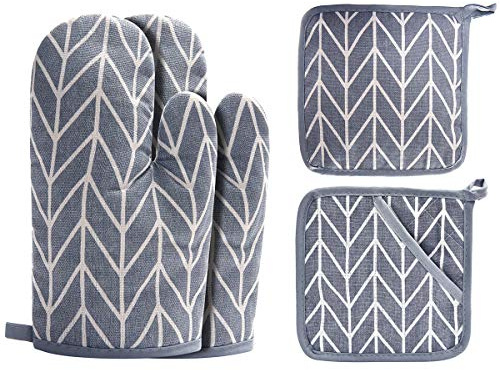 WinChange Oven Mitts and Potholders BBQ Gloves-Oven Mitts and Pot Holders Sets with Recycled Cotton Infill Silicone Non-Slip Cooking Gloves for Cooking Baking Grilling (4-Piece Set,Grey)